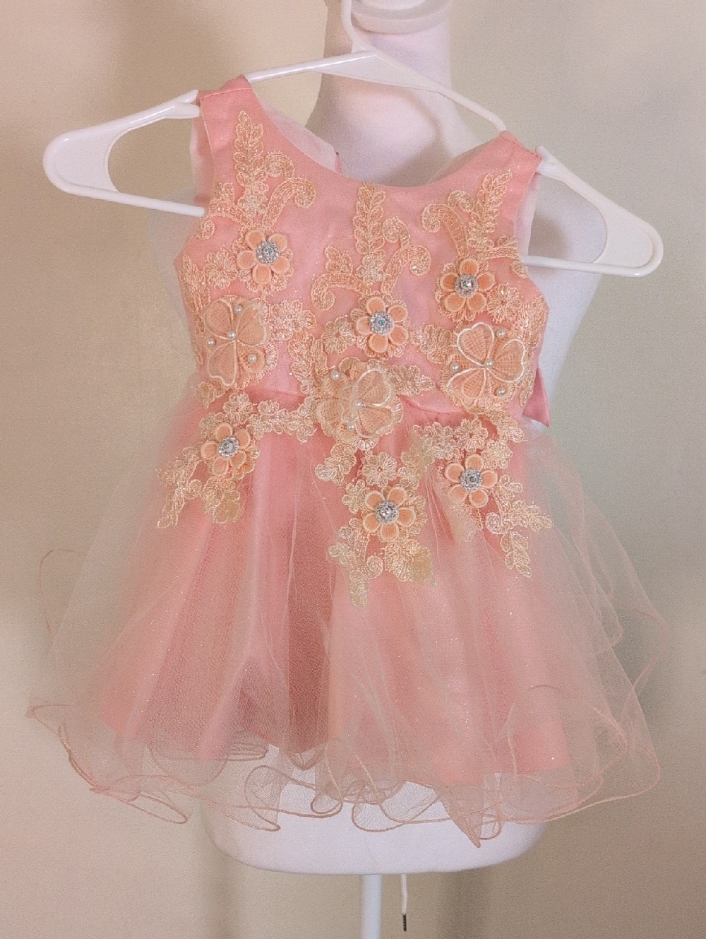 Light Peach Floral Applique Tulle Baby Dress Size 18M - Picture 2 of 15